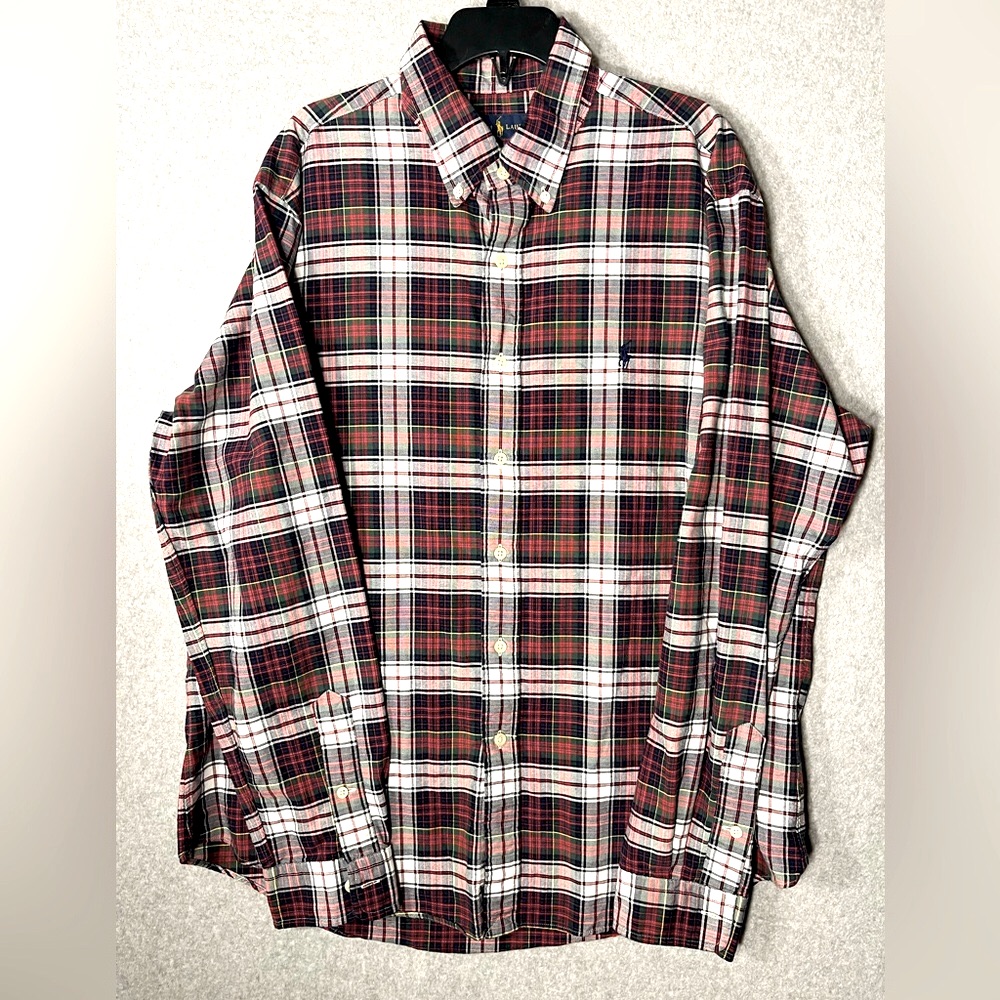 Ralph Lauren Classic Plaid Button Down Shirt Mens Large Cotton Red Blue White
